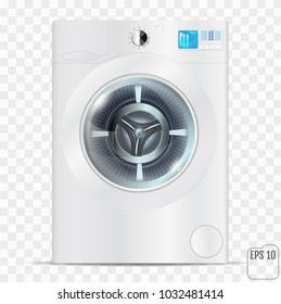 White Washing Machine Isolated on a Transparent Background. Front View of Stainless Steel Steam Washer. Front Load Washing Machine with Electronic Control Panel.