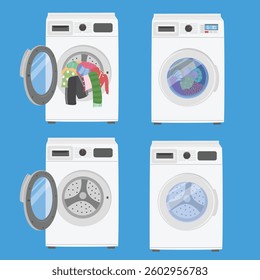 White washing machine with open and closed door clipart set. Laundry equipment, household appliance vector illustration in flat design isolated on blue background. 