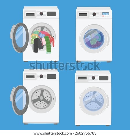 White washing machine with open and closed door clipart set. Laundry equipment, household appliance vector illustration in flat design isolated on blue background. 