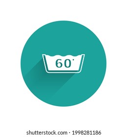 White Washing under 60 degrees celsius icon isolated with long shadow background. Temperature wash. Green circle button. Vector