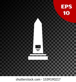 White Washington monument icon isolated on transparent dark background. Concept of commemoration, DC landmark, patriotism.  Vector Illustration