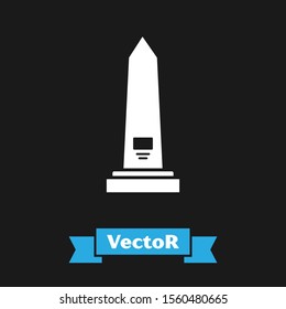 White Washington monument icon isolated on black background. Concept of commemoration, DC landmark, patriotism.  Vector Illustration