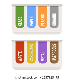 White waste recycle bin for separate garbage collection. Different colored garbage sections for types of waste - plastic, cardboard, organic, paper, glass, metal, hazardous. Flat vector illustration