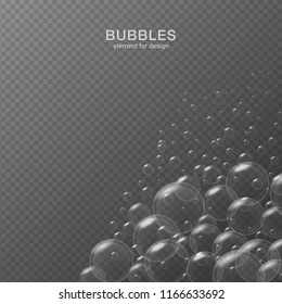 White water bubbles on transparent background with reflection. Set. Vector illustration