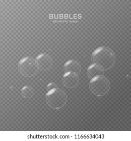 White water bubbles on transparent background with reflection. Set. Vector illustration