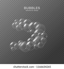 White water bubbles on transparent background with reflection. Set. Vector illustration