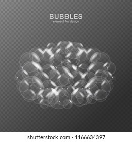 White water bubbles on transparent background with reflection. Set. Vector illustration