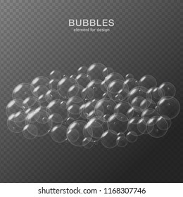White water bubbles on transparent background with reflection. Set. Vector illustration