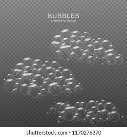 White water bubbles on transparent background with reflection. Set. Vector illustration