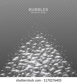 White water bubbles on transparent background with reflection. Set. Vector illustration