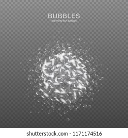 White water bubbles on transparent background with reflection. Set. Vector illustration
