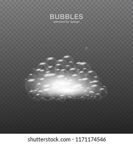 White water bubbles on transparent background with reflection. Set. Vector illustration