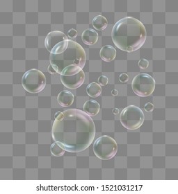 White water bubbles with reflection set on transparent background vector illustration