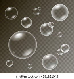 White water bubbles with reflection set on transparent background. Vector