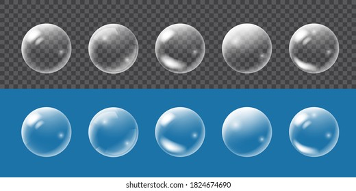 White water bubbles set with reflection set on transparent background.Transparent isolated realistic design elements.