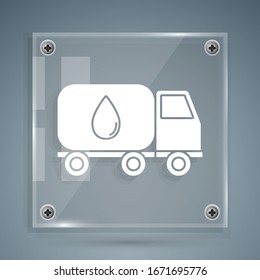 White Water delivery truck icon isolated on grey background. Square glass panels. Vector Illustration