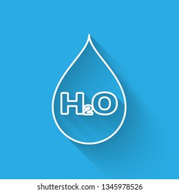 White Water drop with H2O icon isolated with long shadow. Water formula. Vector Illustration