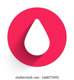 White Water drop icon isolated with long shadow. Red circle button. Vector Illustration