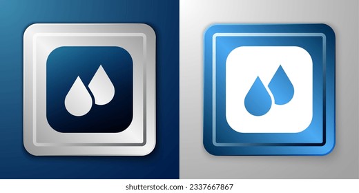 White Water drop icon isolated on blue and grey background. Silver and blue square button. Vector
