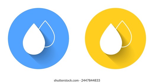 Icono de gota de agua blanca aislado con fondo de sombra larga. Botón circular. Vector