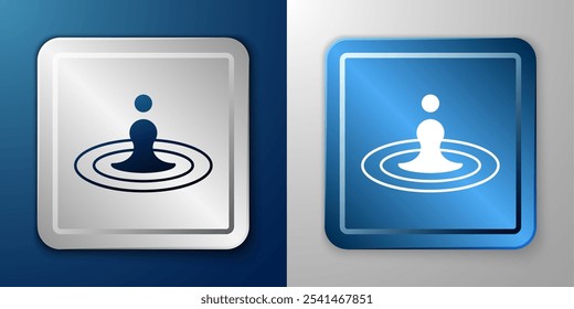 White Water drop icon isolated on blue and grey background. Silver and blue square button. Vector
