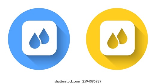 White Water drop icon isolated with long shadow background. Circle button. Vector