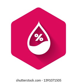 White Water drop percentage icon isolated with long shadow. Humidity analysis. Pink hexagon button. Vector Illustration