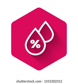 White Water drop percentage icon isolated with long shadow. Humidity analysis. Pink hexagon button. Vector Illustration