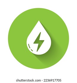 White Water energy icon isolated with long shadow. Ecology concept with water droplet. Alternative energy concept. Green circle button. Vector