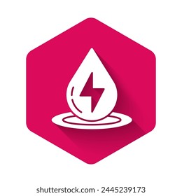 White Water energy icon isolated with long shadow. Ecology concept with water droplet. Alternative energy concept. Pink hexagon button. Vector