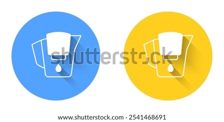 White Water jug with a filter icon isolated with long shadow background. Circle button. Vector