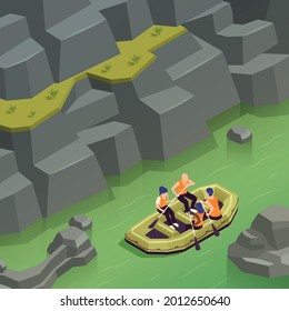 White water kayaking canoeing adventure park with artificial river features for training and recreation isometric vector illustration 