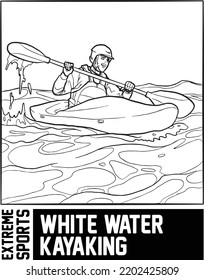 White Water Kayaking Extreme Sports Artline Vector Illustration For Children Coloring Book