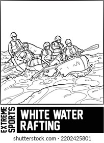 White Water Rafting Extreme Sports Artline Vector Illustration For Children Coloring Book