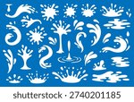White water splash silhouettes on blue background. Vector liquid drops, puddles and splashes for design, decoration and backgrounds