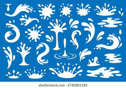 White water splash silhouettes on blue background. Vector liquid drops, puddles and splashes for design, decoration and backgrounds