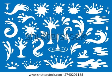 White water splash silhouettes on blue background. Vector liquid drops, puddles and splashes for design, decoration and backgrounds