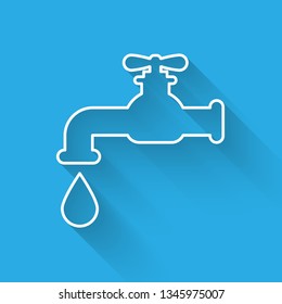 White Water tap with a falling water drop icon isolated with long shadow. Vector Illustration