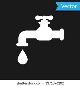 White Water tap with a falling water drop icon isolated on black background. Vector Illustration