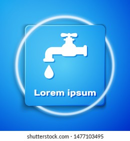 White Water tap with a falling water drop icon isolated on blue background. Blue square button. Vector Illustration