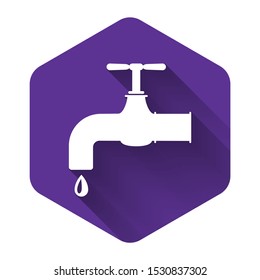 White Water tap with a falling water drop icon isolated with long shadow. Purple hexagon button. Vector Illustration