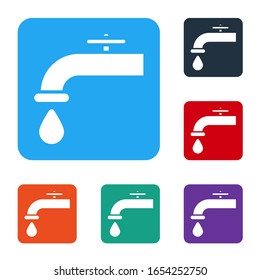 White Water tap with a falling water drop icon isolated on white background. Set icons in color square buttons. Vector Illustration