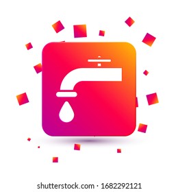 White Water tap with a falling water drop icon isolated on white background. Square color button. Vector Illustration