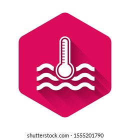 White Water thermometer measuring heat and cold icon isolated with long shadow. Thermometer equipment showing hot or cold weather. Pink hexagon button. Vector Illustration
