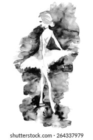 White watercolor ballerina in black background, vector