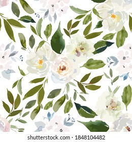 White watercolor flowers and leaves  Vector Loose watercolor repeat pattern seamless pattern  Perfect for stationery  textiles    surface designs