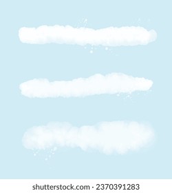 White Watercolor and Ink Abstract Clouds. Delicate Abstract Watercolor Lines. Vector Print with White Paint Stains on a Light Ice Blue Background. Irregular Stripes and Splatter. RGB Color.
