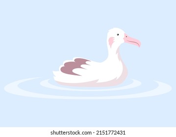 White waterfowl swims on water. Bird seagull on sea wave. Vector colorful bird illustration of cute albatross birdie, mallemuck. Avian species, wild life, fauna in forest. For nature, travel concept