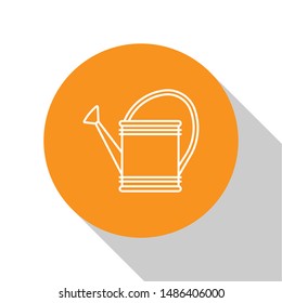 White Watering can icon isolated on white background. Irrigation symbol. Orange circle button. Vector Illustration