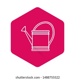 White Watering can icon isolated with long shadow. Irrigation symbol. Pink hexagon button. Vector Illustration